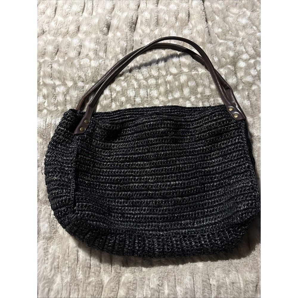 J. Jill Woven Black Hobo Shoulder Bag Large Straw Brown Straps Snap Closure